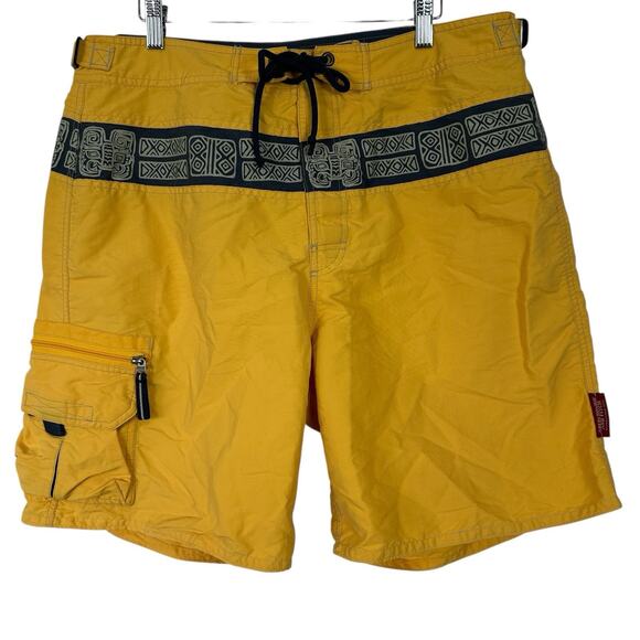 Vintage Y2K Abercrombie & Fitch Board Shorts Mens Size 36 Yellow Tribal Cargo - Picture 1 of 11